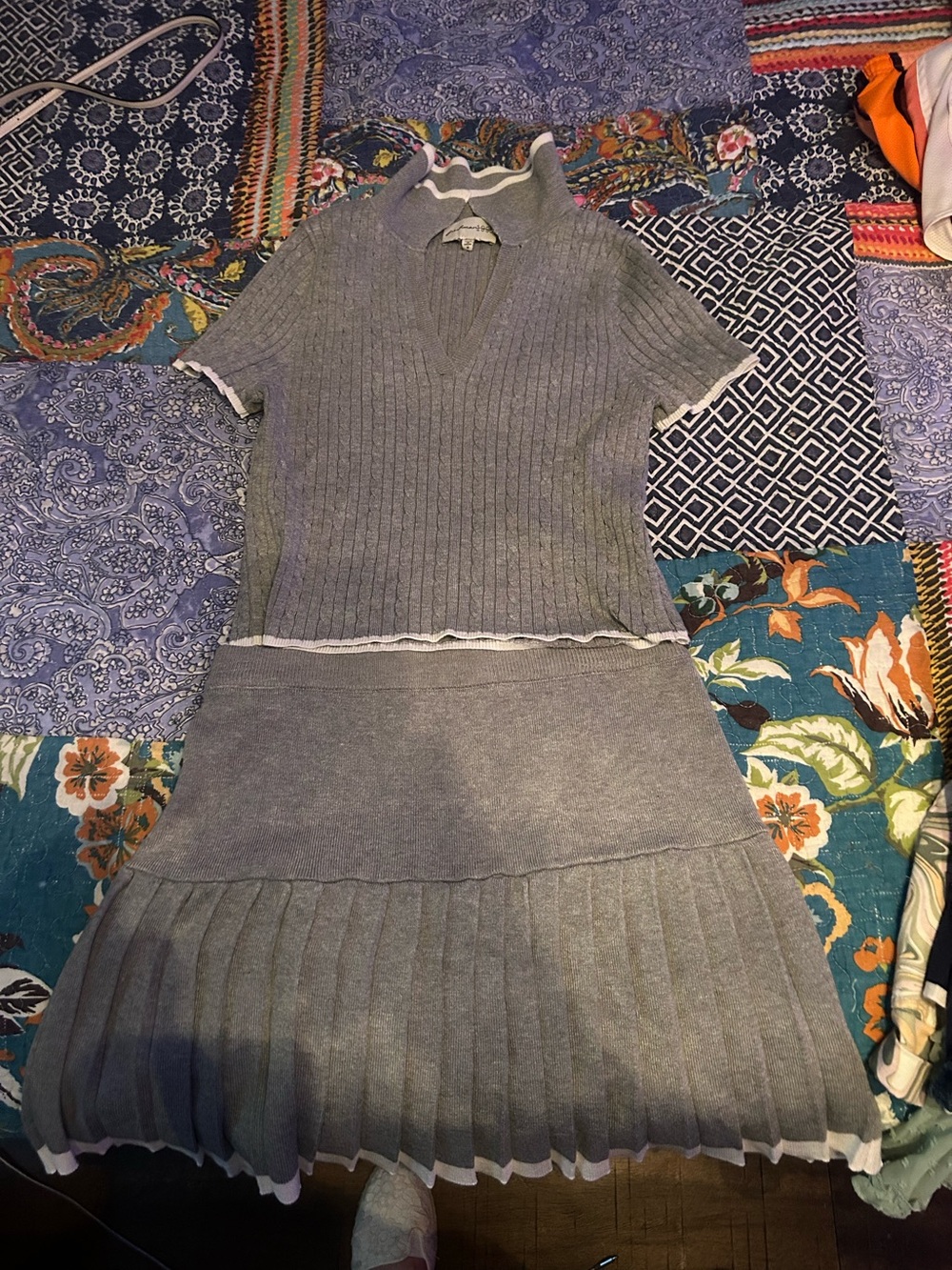 Freshman Gray Ribbed Knit Collared shirt and skirt with White Trim
